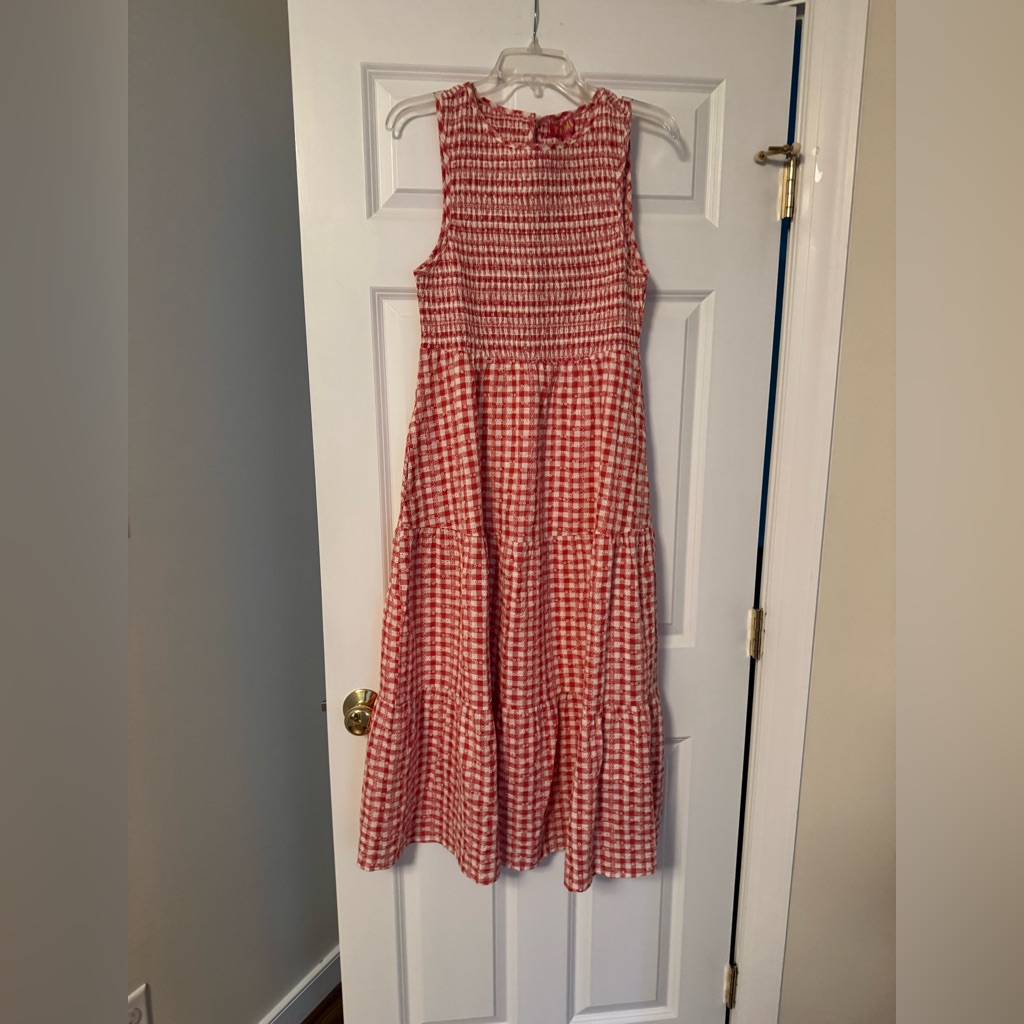 Thml Eyelet Red Gingham Midi Dress Nwt